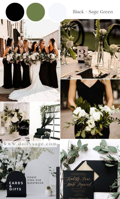 23 Black Wedding Color Themes for 2024 / 2025 - Daisy Sage Sage Gold Black Wedding, Black And Green Fall Wedding, Magnolia Wedding Theme Color Palettes, Black And White Colour Scheme, Black White Gold Sage Green Wedding, Black White Gray Wedding Theme, Dark Grey Wedding Theme, Black And White And Green Wedding, Black And Sage Green Wedding