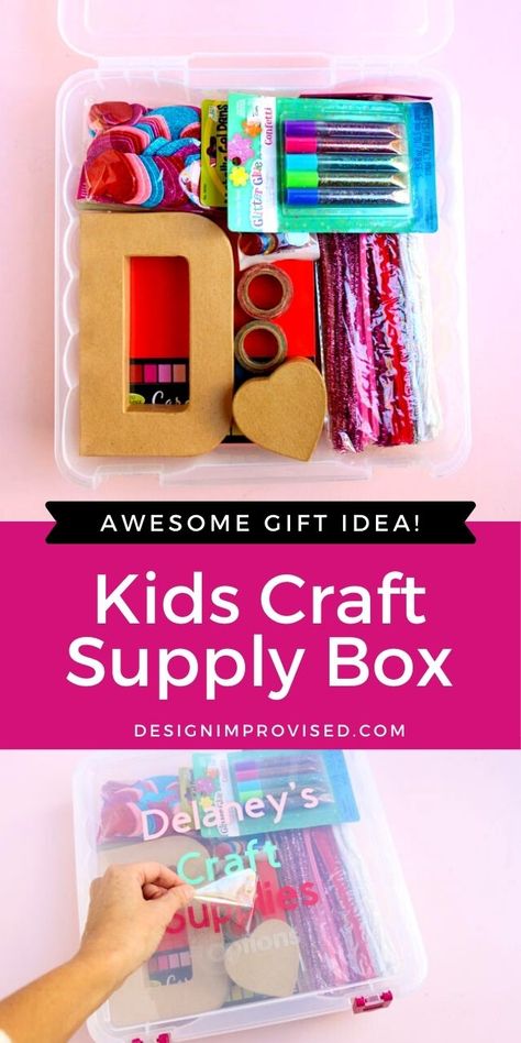 Make a personalized craft supply gift box for Christmas 2020! A great kids gift idea. Kids Craft Box Ideas, Kids Craft Box Gift, Group Gifts For Kids, Art Box Ideas, Art Box For Kids, Craft Box For Kids, Diy Craft Kits For Kids, Kid Gift Ideas, Craft Gifts For Kids