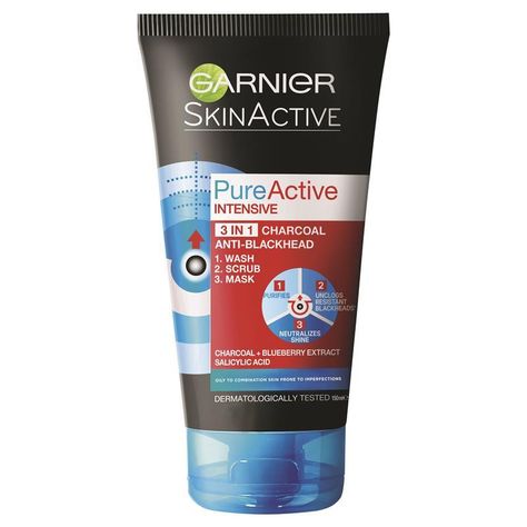 Garnier Pure Active, Charcoal Scrub, Active Charcoal, Blueberry Extract, Garnier Skin Active, Formula Cans, How To Exfoliate Skin, Unclog Pores, Anti Acne