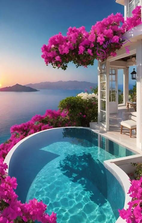 Dream Backyard Pool, Dream Life House, Pretty Landscapes, Mykonos Greece, Dream Travel Destinations, Dream Backyard, Dream Holiday, Bougainvillea, Jolie Photo