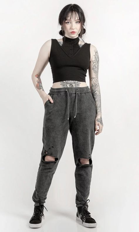 Goth Leisure Wear, Punk Athletic Style, Goth Athleisure Outfits, Athletic Goth Outfits, Goth Athletic Wear, Goth Nonbinary Fashion, Goth Leisure, Goth Lounge Wear, Health Goth Aesthetic