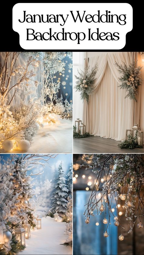 January wedding backdrop with winter-inspired designs and elegant accents. January Wedding Decorations, Winter Backdrop Ideas, Winter Wedding Theme Colors, Winter Wedding Backdrop, Winter Wedding Arch, Wedding Backdrop Ideas, Winter Wonderland Party Theme, Diy Winter Wedding, Northern Lights Photo