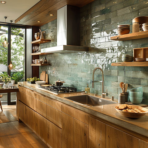 kitchen inspo, kitchen inspiration, kitchen decor, green kitchens, green and wood kitchen ideas Green Cabinets With Green Backsplash, Dark Brown Kitchen Cabinets Green Backsplash, Updated Cabin Kitchen, Oak Cabinets With Green Backsplash, Modern Wood Countertops, Wood Kitchen Green Tiles, Wood Walls In Kitchen, Walnut Green Kitchen, Brown Kitchen Backsplash Ideas