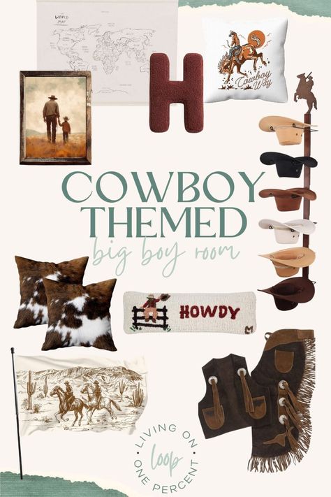 Is your son ready to transition from a nursery to a big boy room? And does he want a cowboy theme for his rodeo loving heart? Then you've come to the right place! We designed this room for our son to grow with him and I think it turned out so well! Check out my blog here for everything we used - from paint, to furniture, to decor. Get started on your own western transformation today! He'll love it and you will too! Boys Cowboy Room, Western Boys Room, Western Kids Rooms, Cowboy Nursery Theme, Cowboy Room Decor, Cowboy Art Western, Western Baby Nurseries, Room For Boys, Rustic Boy Nursery