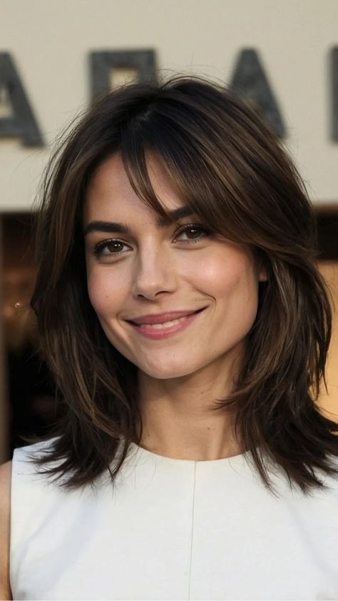 Medium Length Brown Hair With Layers Straight, Thick Hair Mid Length, Shoulder Length Medium Brown Hair, Medium Hairstyle Women Shoulder Length With Layers, French Bangs With Layers, Layered Haircuts For Medium Hair Straight Mid Length Layers, Haircut Ideas For Shoulder Length Hair, Shoulder Length Fringe Haircut, Old Money Shoulder Length Hair