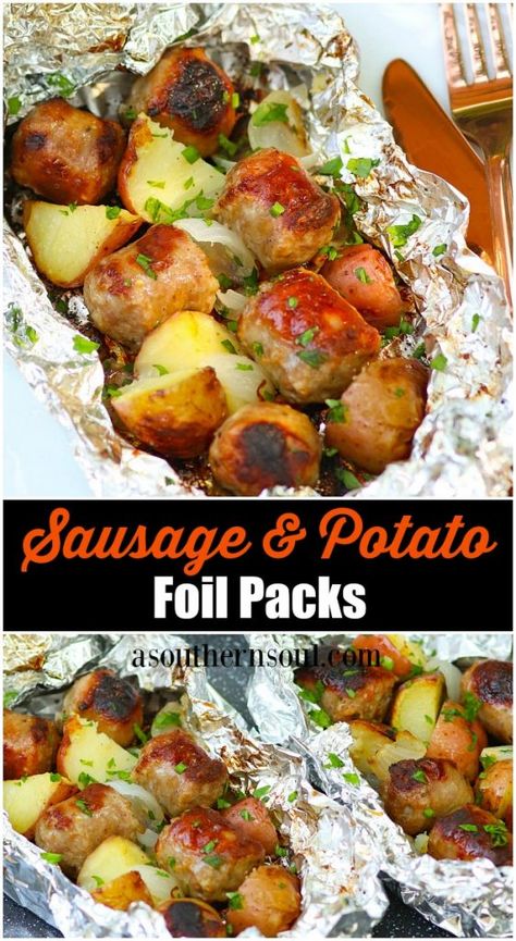 Sausage, potatoes and onions cooked in foil packs on the grill or in the oven are a short cut dinner that can't be beat! Foil Potatoes, Cheesy Ranch Potatoes, Foil Packet Potatoes, A Southern Soul, Foil Pack Dinners, Sausage Potato, Foil Packet Dinners, Foil Pack Meals, Foil Dinners