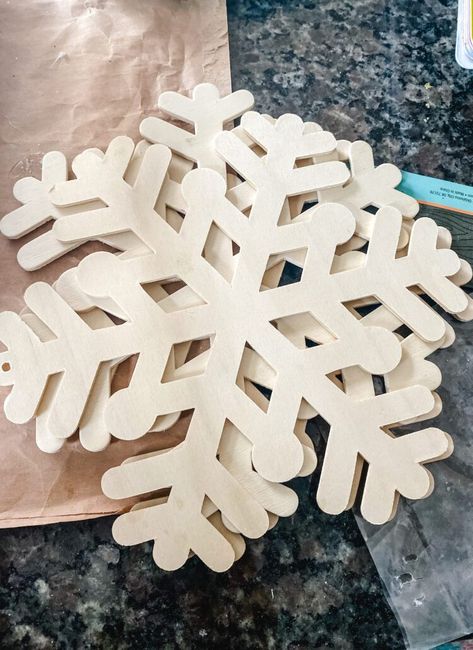 Make Dollar Tree Wood Snowflake, Wooden Snowflake Crafts, Wooden Snowflakes Diy, Neighborhood Christmas Gifts, Wood Snowflake Ornaments, Diy Snowflake Decorations, Snowflake Ornaments Diy, Winter Baby Shower Decorations, Mercury Glass Diy