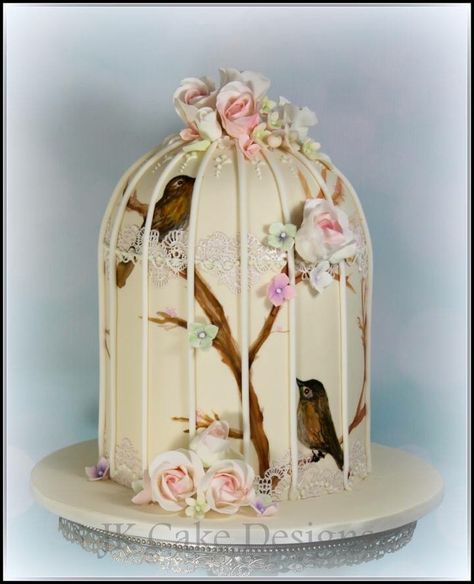 Painted bird cage cake Bird Cage Cake, Hanging Cake, Cupcakes Flores, Sparkle Cake, Cake Show, Hand Painted Cakes, Gorgeous Wedding Cake, Baby Birthday Cakes, Cake Decorating Designs