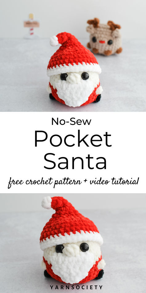 A crochet Santa with a fluffy white beard, a classic Santa suit and a jolly red hat. Holiday Crochet Patterns Free, Crochet Santa Hat Free Pattern, Pocket Friend, Crochet Santa Claus, Crochet Beard, Crochet Santa Hat, Easy Beginner Crochet Patterns, Holiday Crochet Patterns, Crochet Keychains