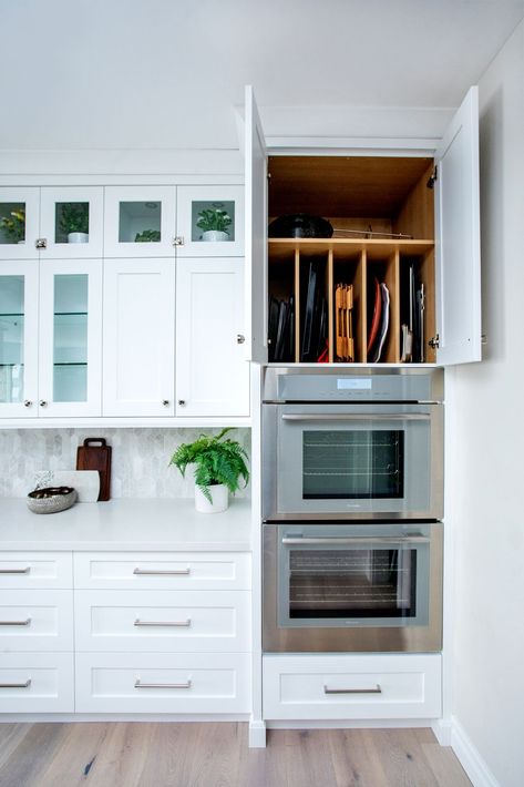 Oven Tray Storage Ideas, Above Double Oven Storage, Above Oven Storage Ideas, Oven Layout In Kitchen, Refrigerator And Wall Oven Side By Side, Build In Oven Kitchen, Kitchen Layout With Double Wall Oven, Oven In Wall Kitchen, Wall Oven Kitchen Design