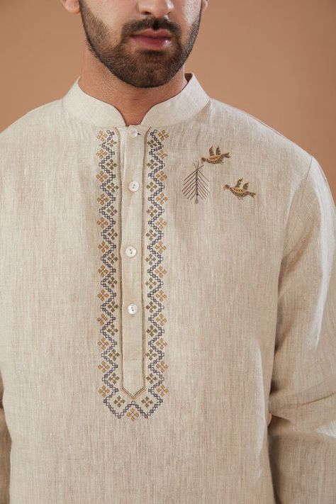 Embroidery Kurta For Men, Men Kurta Neck Embroidery Designs, Embroidery On Mens Kurta, Mens Kurta Embroidery Designs, Man Kurta Embroidery Design, Men’s Kurta Embroidery, Panjabi Design, Traditional Indian Mens Clothing, Kurta Designs Men's