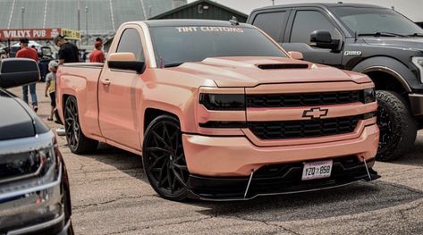 Lower Trucks, Pink Trucks, Pink Chevy Trucks, Pink Chevy, Chevy Trucks Lowered, Single Cab Trucks, Pink Truck, Chevy Trucks Silverado, Future Trucks