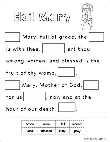 Hail Mary cut apart prayer activity - free printable from Real Life at Home Ccd 1st Grade Activities, First Grade Ccd Activities, First Day Of Catechism Ideas, 2nd Grade Ccd Activities, Hail Mary Prayer For Kids Free Printable, 7 Sacraments Activities Free Printable, 3rd Grade Ccd Activities, Hail Mary Prayer For Kids, Catholic Prayers For Kids