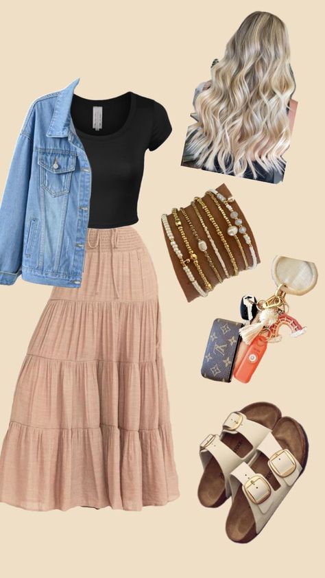 Jean Jacket Skirt Outfits, Cute Outfits For Church Jeans, Modest Jean Jacket Outfits, Cute Jean Skirt Outfits, Maxi Skirts Outfit, Pentecostal Outfits, Modest Casual Outfits, Church Fits, Modesty Outfits