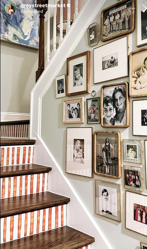 Family Hallway Pictures, Gallery Wall Dining Room Eclectic, Basement Stairs Gallery Wall, Artwork In Stairwell, Gallery Wall Staircase Family Pics, Gallery Wall Entrance, Gallery Wall White Walls, Picture Collage Living Room, Photo Wall Layout Bedroom