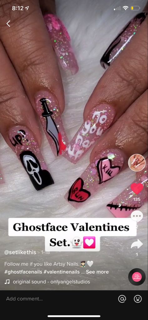 Ghost Face Valentines Day Nails, Anti Valentine’s Day Nails, Scream Valentine Nails, Anti Love Nails, Spooky Valentines Nails, Anti Valentines Day Nails, Spooky Valentines, Valentines Day Nails, Long Acrylic Nail Designs