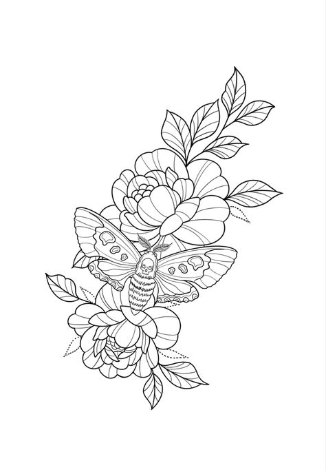 Peony Flower Back Tattoo, Moth Rose Tattoo, Insect Floral Tattoo, Moth Peony Tattoo, Peony And Moth Tattoo, Coffin Flower Tattoo, Moth And Flowers Tattoo Design, Detailed Moth Tattoo, Insect Flower Tattoo