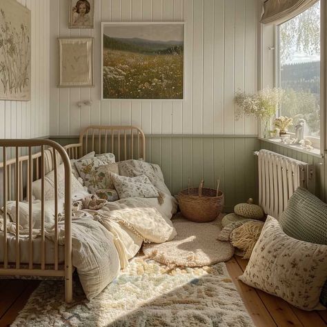 Garden Theme Toddler Room, Cottagecore Pregnancy Announcement, Cottagecore Toddler Room, Cottage Baby Nursery, Cottage Nursery Room Inspiration, Green Childrens Bedroom, Cottagecore Kids Room, Children’s Room, Green Wall Nursery