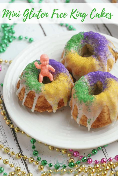 Mini Gluten Free King Cakes | Gluten Free Mini King Cakes | Mardi Gras Cakes \ King Cakes with Baby Gluten Free King Cake Recipe, Gluten Free King Cake, Mini King Cakes, King Cake Bites, Kings Cake Cupcakes, King Cake Recipe Easy, Cake Bundt, King Cakes, King Cake Recipe