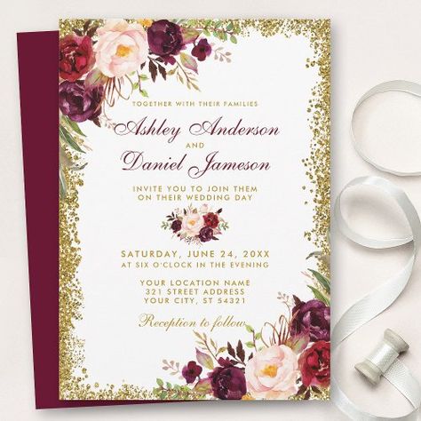 $1.98 | Burgundy Floral Gold Glitter Wedding Invitation B #rustic wedding invitations, country wedding invitations, pink roses red roses flowers, summer botanical greenery, modern spring garden outdoor wedding, boho chic bohemian wedding, elegant red wine vineyard wedding, autumn fall wedding, vintage winter gold glitter sparkles, watercolor burgundy floral Wine Vineyard Wedding, Outdoor Wedding Boho, Wedding Invitations Country, Burgundy Quinceanera, Wedding Invitations Pink, Garden Outdoor Wedding, Wedding Boho Chic, Gold Winter Wedding, Invitations Pink