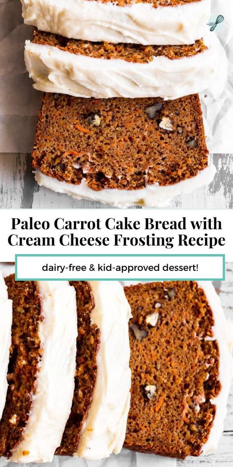 This paleo carrot cake bread is moist, tender and sweet, with warm spices and a dairy free cream cheese frosting! It’s as delicious as carrot cake but easier to make and perfect for brunch and dessert. Gluten free, dairy free. Gluten Free Carrot Cake Bread, Paleo Spice Cake, Paleo Frosting Recipe, Paleo Carrot Cake Cupcakes, Carrot Cake Vegan Gluten Free, Paleo Running Momma Carrot Cake, Paleo Frosting, Dairy Free Cream Cheese Frosting, Carrot Cake Frosting