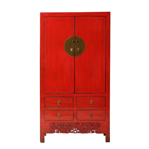 Red Vintage Chinese Cupboard From Shanxi Chinese Cupboard, Chinese Wardrobe, Wooden Hinges, Antique Wardrobe, Wooden Cupboard, Wardrobe Sale, Removable Shelves, Kingdom Of Great Britain, Hanging Clothes