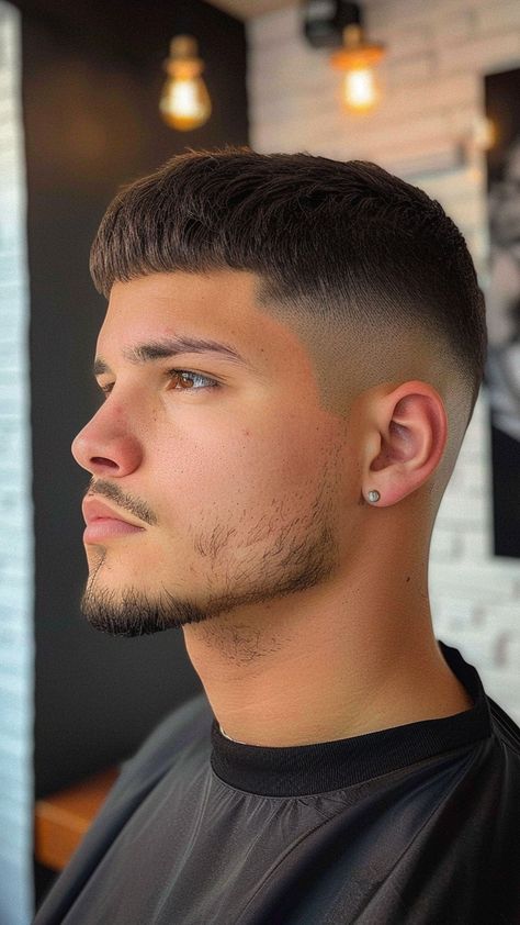 23 Short Fade Haircuts That Keep Your Look Sharp and Refined Men’s Haircut Skin Fade Short Hair, Mid Fade Textured Fringe, Mid Fade With Angular Fringe, Mid Fade Haircut Men 2024, Military Fade Haircut, Mid Fade Haircut, Side Part Haircut, Mid Fade, Short Fade Haircut