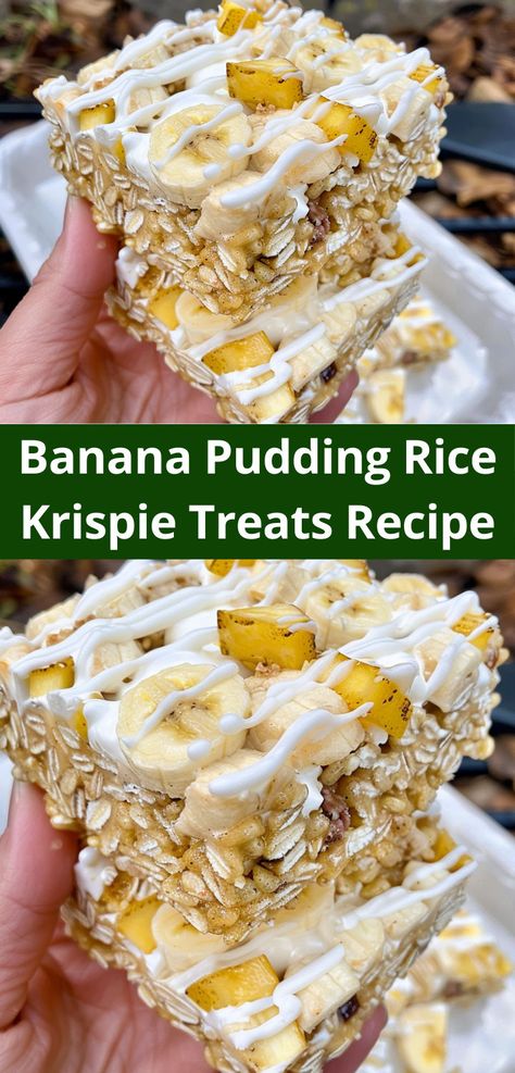 banana pudding Rice Krispie treats, a delicious and simple recipe. Pudding Rice, Homemade Rice Krispies, Banana And Rice, Rice Krispie Treats Recipe, Homemade Rice Krispies Treats, Krispie Treats Recipe, Cereal Treats, Rice Crispy Treats, Crispy Treats