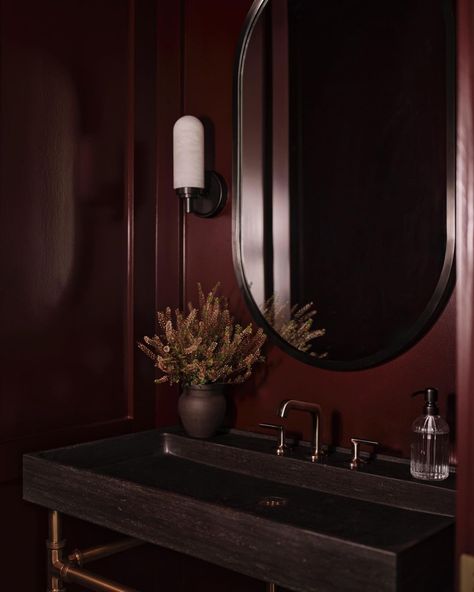 All Posts • Instagram Small Half Bathroom Ideas Luxe, Brass Console Sink, Dark Powder Room, Dark Brown Bathroom, Burgundy Bathroom, Small Half Bathroom, Southern Living Idea House, Guest Bathroom Design, Small Toilet Room