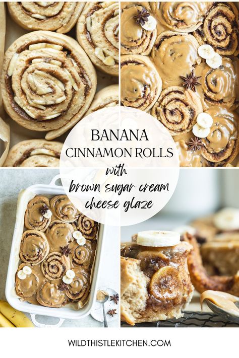 These Banana Cinnamon Rolls combine all of the nostalgic flavors of banana bread in a soft, tender, gooey cinnamon roll topped with an irresistible brown sugar cream cheese glaze. With bananas in the dough and rolled up in the filling, these cinnamon rolls are for the true banana lovers! #bananacinnamonrolls #bananabreadcinnamonrolls Banana Cinnamon Rolls, Banana Roll, Make Brown Sugar, Cream Cheese Glaze, Banana Nut, Cinnamon Banana, Banana Cream, Cinnamon Buns, Cinnamon Roll