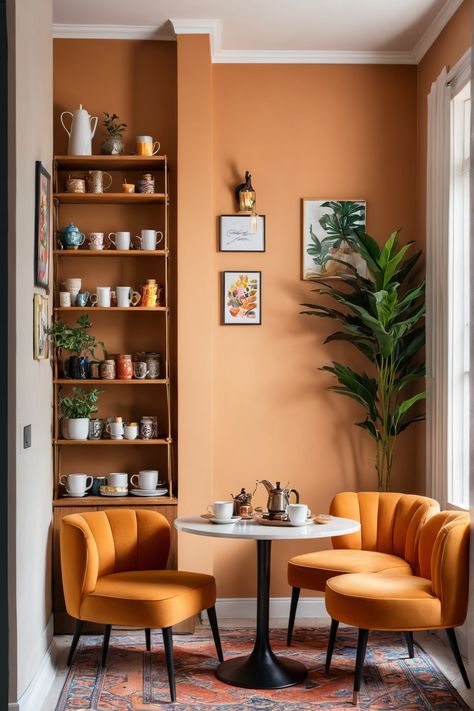 A cozy eclectic coffee nook showcasing orange chairs and stylish wooden shelves, inspiring a warm and inviting coffee corner. Cozy Coffee Nook Chairs, Kitchen Coffee Seating Area, Coffee Sitting Area Room Ideas, Coffee Nook Seating, Content Corner Decor Ideas, Coffee Shop Seating Ideas, Coffee Sitting Area, Coffee Seating Area, Content Corner