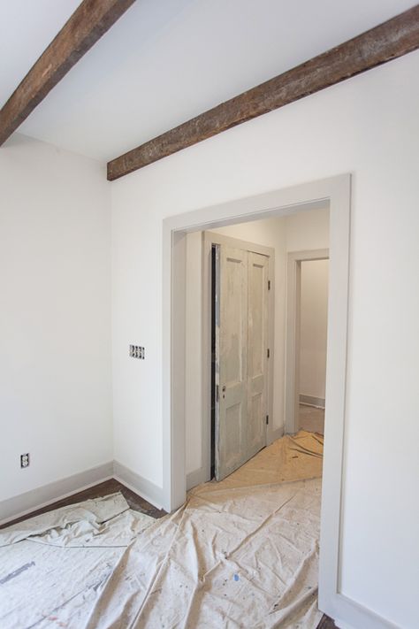 Ashley Gilbreath Home | Rustic Beam Boards | Revere Pewter Trim | White Dove Walls | Old Chippy Doors Revere Pewter Trim, White Dove Walls, Pewter Trim, Dark Trim, Gray Trim, Revere Pewter, White Dove, Interior Paint Colors, Painting Trim