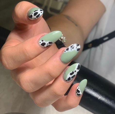 Fun Cow Print Nails, Moo Cow Nails, Short Almond Cow Print Nails, Green Cowprint Nails, Sage Green Cow Print Nails, Green And Cow Print Nails, Orange Cow Print Nails, Green Cow Print Nails, Sage Green Cow Print