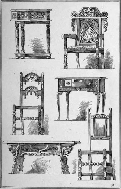 Jacobean. Part 6 Jacobean Chair, Jacobean Furniture, Game Architecture, Gothic Architecture Drawing, Jacobean Style, Drawing Furniture, Furniture Design Sketches, Classic Living Room, Antique Illustration