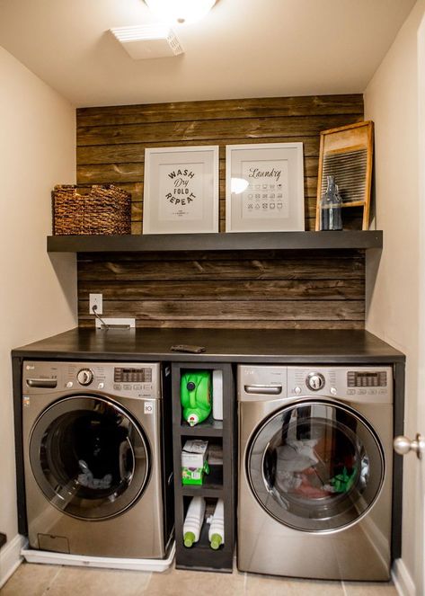 Laundry Room Ideas With Black Appliances, Champagne Washer And Dryer Laundry Room, Condo Laundry Room, Front Loader Laundry Room Ideas, Laundry Garage, Laundy Room, Laundry Room Update, Small Laundry Room Makeover, Tiny Laundry Rooms