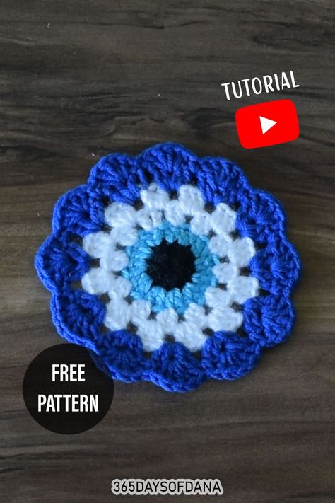 Evil Eye Crochet, Crochet Evil Eye, Baby Bonnet Crochet Pattern, Crochet Flower Granny Square Pattern, Eye Crochet, Coaster Tutorial, Crochet Coasters Free Pattern, Crochet Basket Pattern Free, Crochet Dreamcatcher