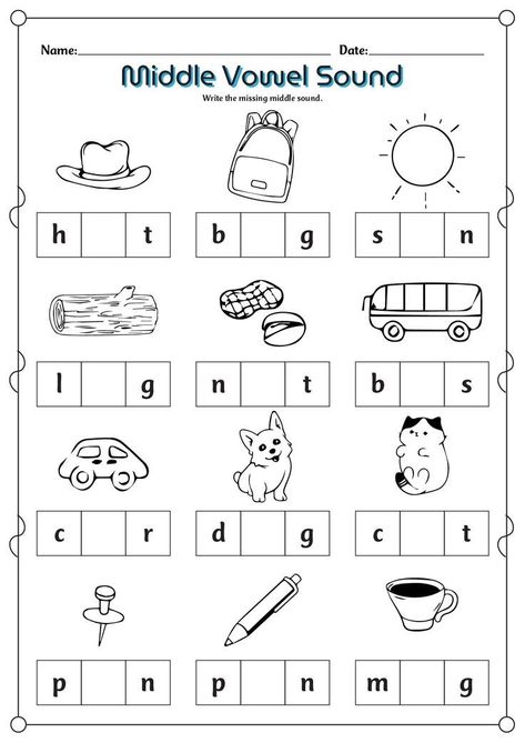 Middle Sound Worksheets For Kindergarten, Vowels Worksheet For Grade 1, Short Vowel A Worksheets, Vowel Worksheets For Kindergarten, Short Vowel Sounds Worksheets, Vowel Sounds Worksheets, Vowels Worksheet, Middle Sounds Worksheet, Sentence Formation