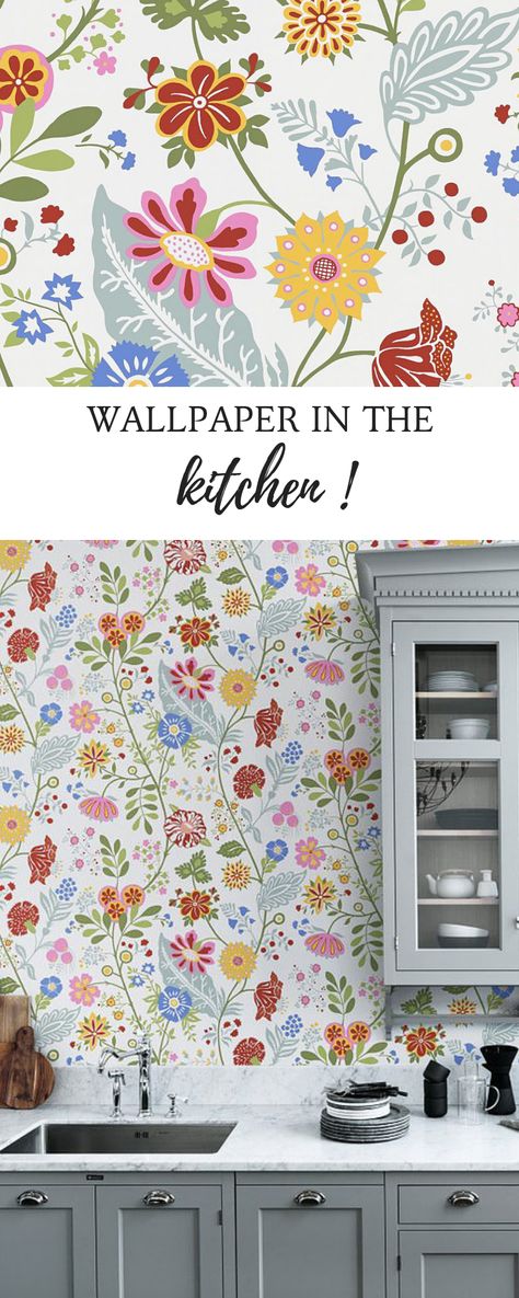 Should you add wallpaper to add in the kitchen ? Yes if it is colourful and fun like this from Sandberg. Wallpaper get steamy and humid - something paper doesn't like, but if you prime then sufficiently you should have no problem even in the high traffic areas. #wallpaper #kitchen #styling #interiorsinspo Bold Kitchen Wallpaper, Kitchens With Wallpaper, Kitchen Wallpaper Ideas Accent Wall, Wallpaper Accent Wall Kitchen, Open Kitchen Decor Ideas, Open Kitchen Decor, Farmhouse Kitchen Wallpaper, Kitchen With Wallpaper, Floral Wallpaper Kitchen