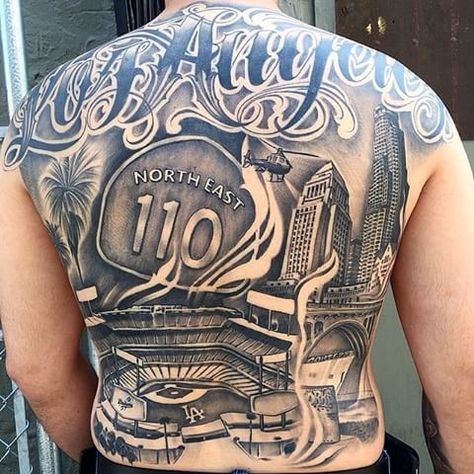 Full Back Los Angeles Themed Dodgers Tattoo Ideas For Males Los Angeles Buildings Tattoo, Los Angeles Back Tattoo, Los Angeles Inspired Tattoos, Raza Tattoos, La Tattoo Ideas, Los Angeles Tattoo Ideas, Dodgers Tattoo, Cholo Tattoos, Los Angeles Dodgers Tattoo