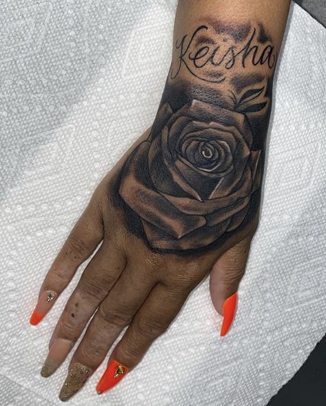 Rose On Hand Tattoo For Women, Hand Tattoos With Names, Nail Piercing, Birthday Tattoo, Hand Tattoos For Girls, Cute Hand Tattoos, Hand And Finger Tattoos, Neck Tattoos Women, B Tattoo