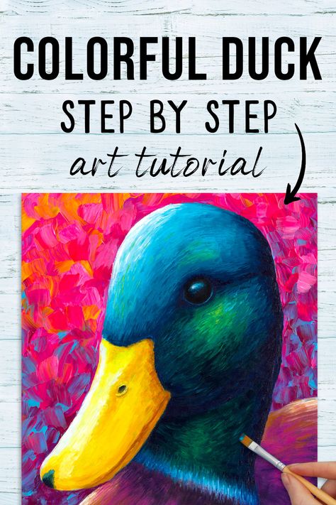 colorful duck art tutorial How To Paint A Duck Easy, Paintings Of Ducks, How To Paint A Duck, Easy Bird Painting Acrylics, Duck Painting Acrylic, Duck Painting Easy, Acrylic Painting Animals, Colorful Dog Art, Duck Painting