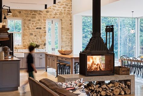 Stirling Stone House | Damien Chwalisz | Award-winning Architect, Builder & Designer Double Sided Fireplace, Freestanding Fireplace, Stone Walls, Home Fireplace, Stone House, Living Room With Fireplace, Fireplace Design, Open Kitchen, Canberra