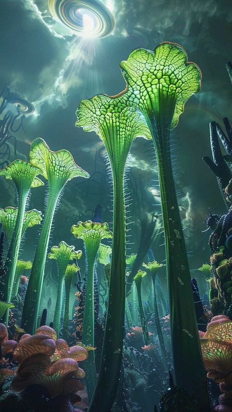 Aesthetic Eclectic, Alien Plants, Landscape Concept, Alien Planet, Alien Concept Art, Alien Worlds, Fantasy City, Fantasy Places, Scary Art