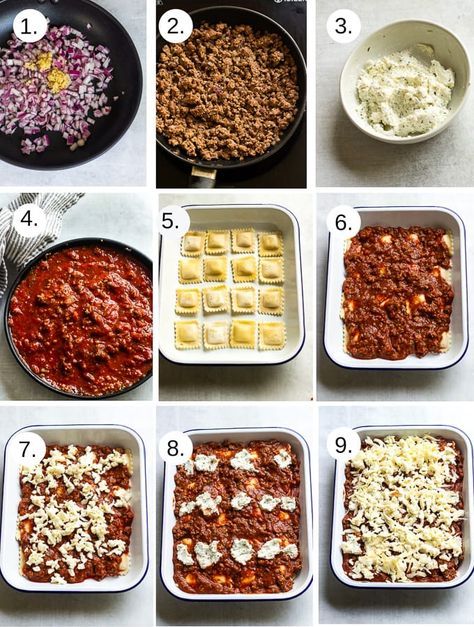 Easy Baked Ravioli Lasagna (AKA Lazy Lasagna) Cheese Ravioli Lasagna, Ravioli Lasagna Bake, Lazy Lasagna Recipe, Lasagna Bake, Benedict Casserole, Yummy Nummies, Lasagna With Ricotta, Eggs Benedict Casserole, Baked Ravioli