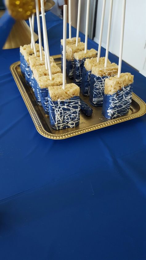 Royal Blue Rice Crispy Treats Cake Pops Royal Blue, Navy Blue Rice Krispy Treats, Blue Treat Table Ideas, Navy Blue And Gold Candy Table, Royal Blue Rice Krispie Treats, Royal Blue Treat Table, Royal Blue Sweets Table, Royal Blue And Gold Treat Table, Royal Blue And Silver Treats