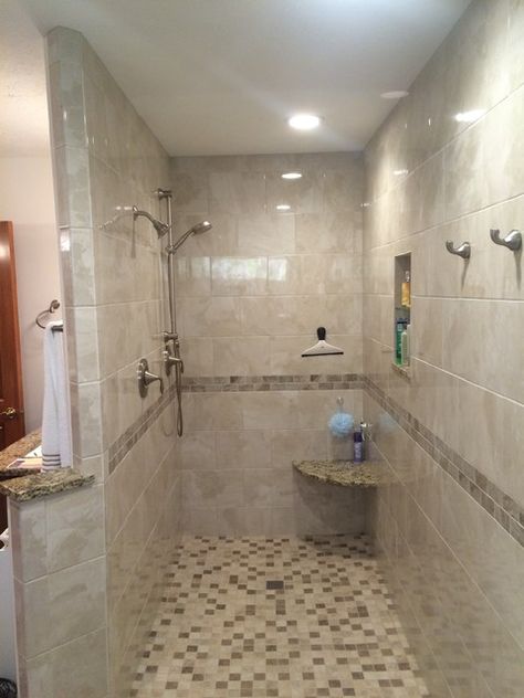 Luxurious Walk-in Shower with No Door - Transitional - Bathroom - Columbus - by Bathroom and Kitchen Services, LLC | Houzz Showers Without Doors Stone, Small Bathroom Ideas Remodel Walk In Shower No Glass Doors, Bathroom Shower No Door, No Door Shower Ideas Walk In Master Bath, 4x6 Walk In Shower Ideas, Tile Shower No Door, Master Shower Ideas Walk In No Door, Walk In Shower With Wall No Door, Walkin Shower Ideas No Door