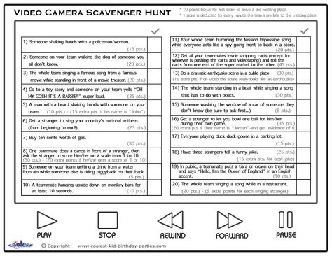 Printable Video Scavenger Hunt List - Coolest Free Printables Video Scavenger Hunt, Mixer Games, Teen Games, Scavenger Hunt List, Summer Party Games, Car For Teens, Car Rally, Road Rally, Christmas Scavenger Hunt