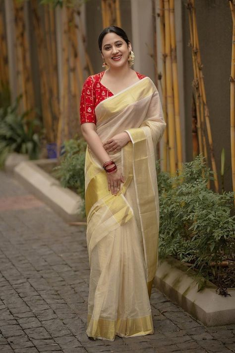 Miya George | Indian actress and model, kerala traditional kasavu saree Kerala Dress, Onam Dress, Miya George, Kerala Saree Blouse, Brocade Blouse Designs, Onam Outfits, Kerala Saree Blouse Designs, Onam Saree, Kasavu Saree