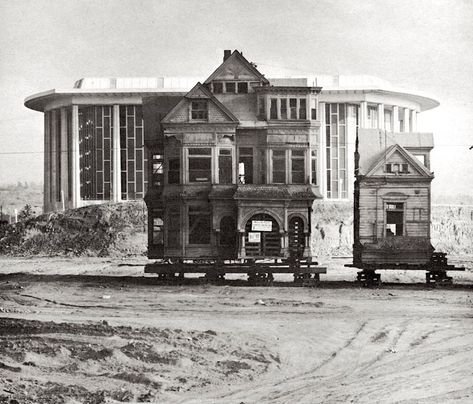 The last of the Bunker Hill Victorian homes being driven past the Music Center, downtown Los Angeles, circa early 1960s Garden Of Allah, The Bunker, City Planner, Music Center, Old Mansions, California History, Bunker Hill, Victorian Mansions, Los Angeles City