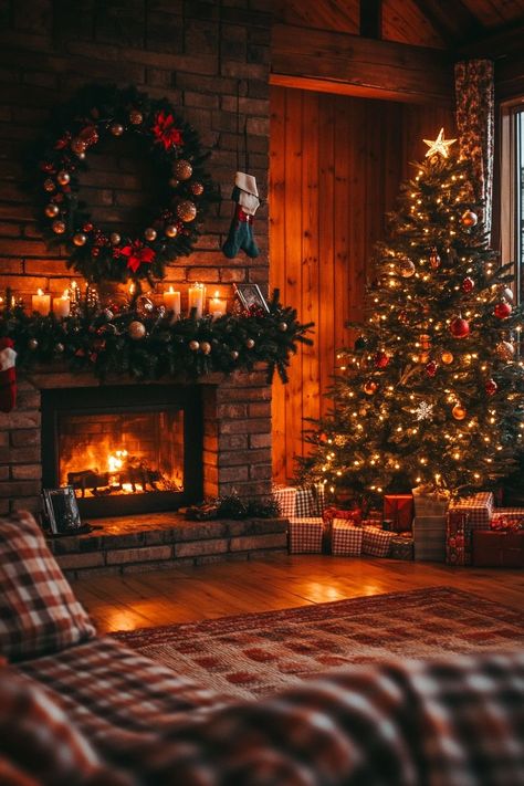 My December Aesthetic, Cozy Xmas Decor, Cozy Fireplace Christmas, Cozy Fireplace Wallpaper, Christmas Pics At Home, Cozy Christmas Cabin Aesthetic, Warm Christmas Aesthetic Cozy, Christmas Warm Aesthetic, Winter Fireplace Aesthetic